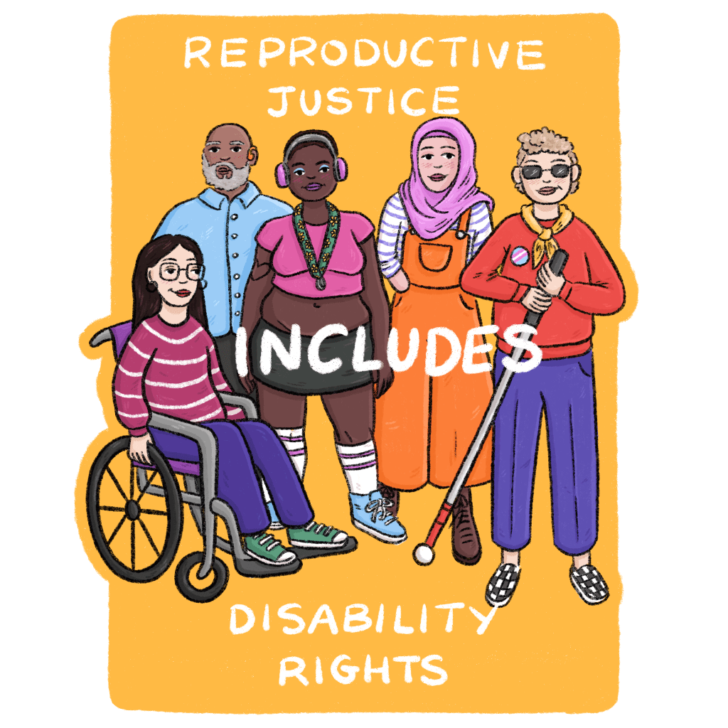 Rectangular image with a deep yellow background with the text 'Reproductive Justice includes disability rights'/ There are five people lined up, from left to right; a female presenting person with light skin and long dark hair sits in a wheelchair, wearing a burgundy and white striped jumper, navy blue trousers, and green sneakers. Next to her is an older dark skinned male-presenting person wearing a pale blue shirt. The person in the middle is female presenting with dark skin and short black hair, wearing a hot pink short-sleeved t-shirt, short dark green skirt, white knee-high socks with pink stripes and pale blue shoes. next to her is a light-skinned woman wearing a mauve headscarf, white long sleevd top with blue stripes, an dlong orange dungarees. Lastly, there is a female-presenting person with dark glasses and a white cane, wearing a transgender badge, red sweater, navy blue pants, and black and white chequered shoes.